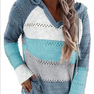 Biucly Women's Color Block Knit Hoodies Sweaters Loose Long Sleeve